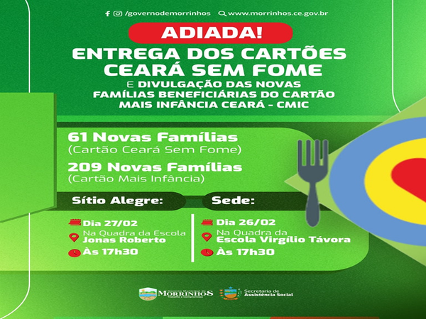 Adiada Entregas dos Cartões do Ceará sem Fome e Cartão Mais Infância Ceará - CMIC
